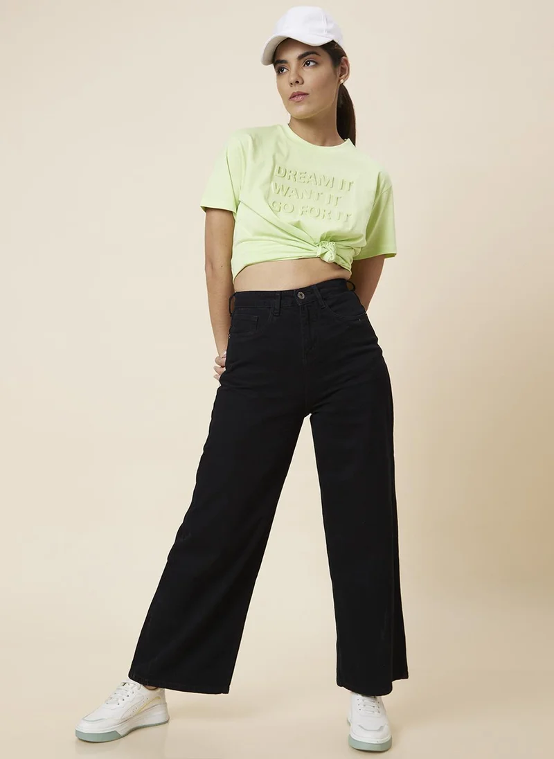 جلو باص Globus Women Lime Green Embossed Typography Printed Drop-Shoulder Pure Cotton Boxy T-Shirt